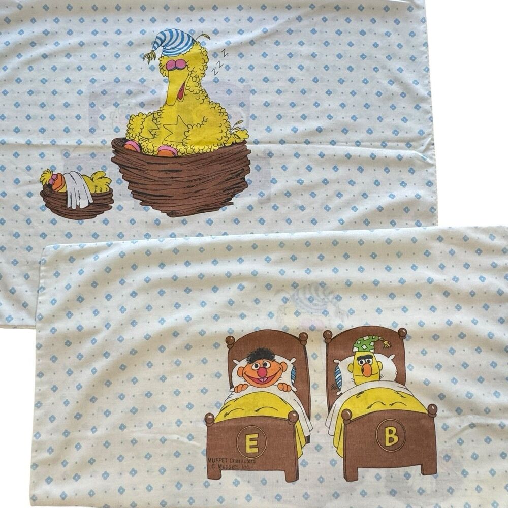 Sesame Street Big Bird Bert & Ernie 2-Sided Pillowcases Standard X2 Vintage 70’s